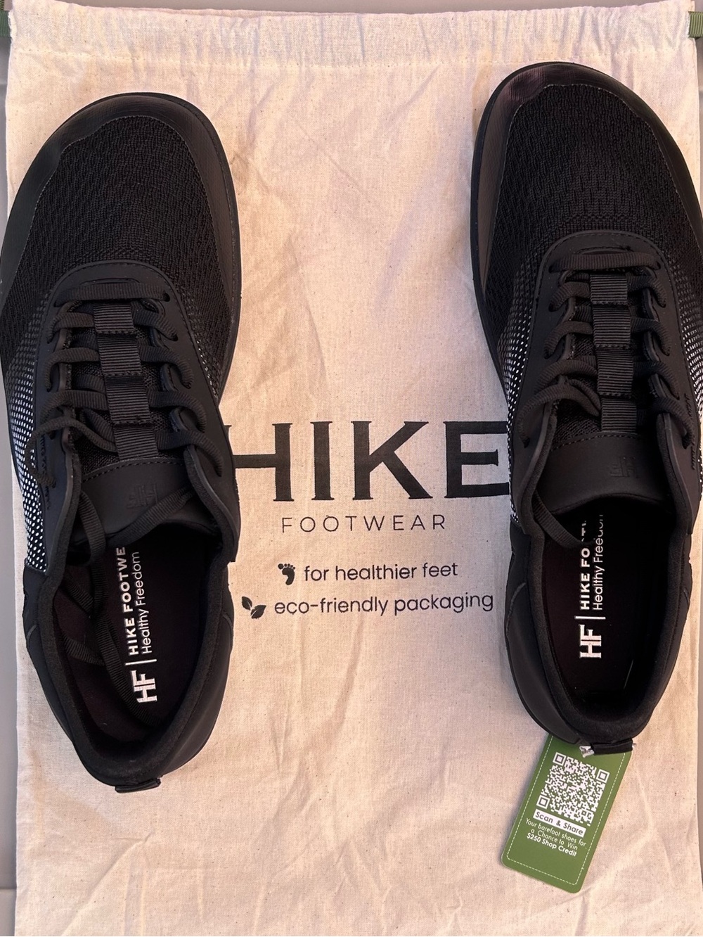 Hike Footwear Stride: Black Sneakers, w/ Dust Bag. Men 11-11.5; W 13.5; EU 44